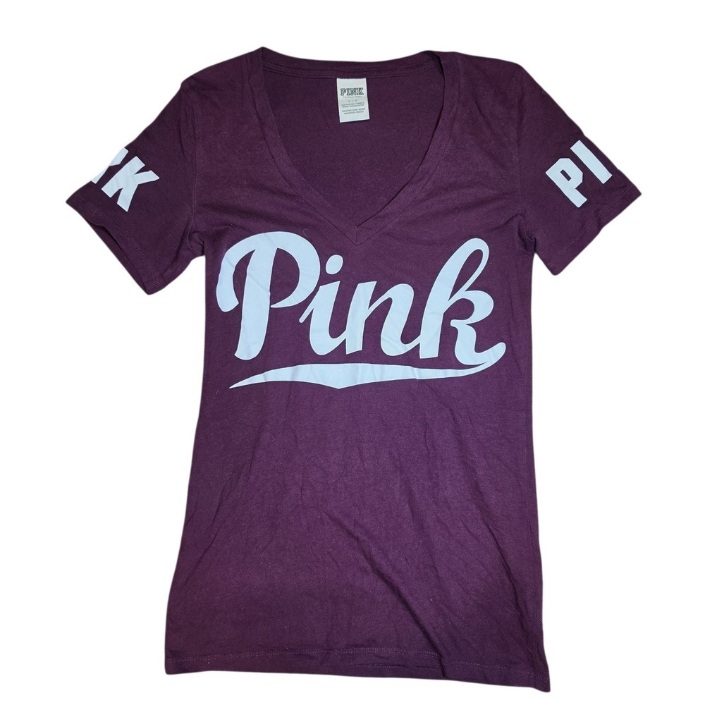 PINK Victoria's Secret Women S T-Shirt Purple V-Neck Graphic Logo Short Sleeve